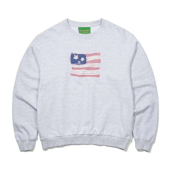 USA FLAG APPLIQUE SWEATSHIRT - LIGHT GRAY