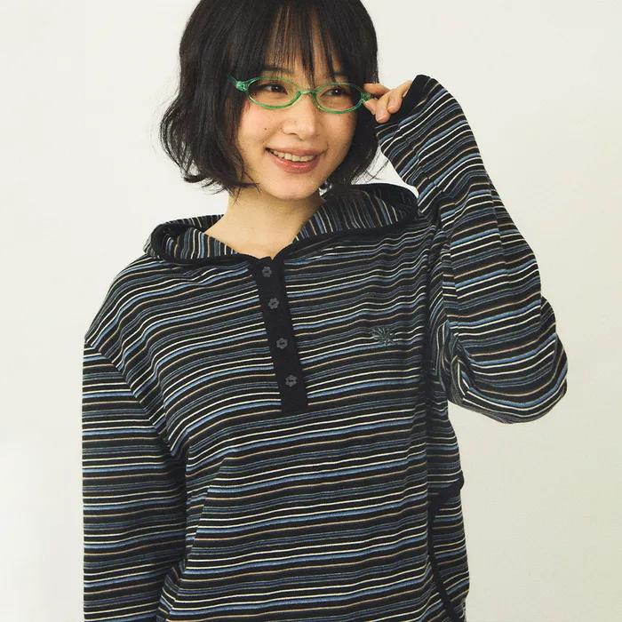 DD stripe trim hooded long sleeve (BLACK)