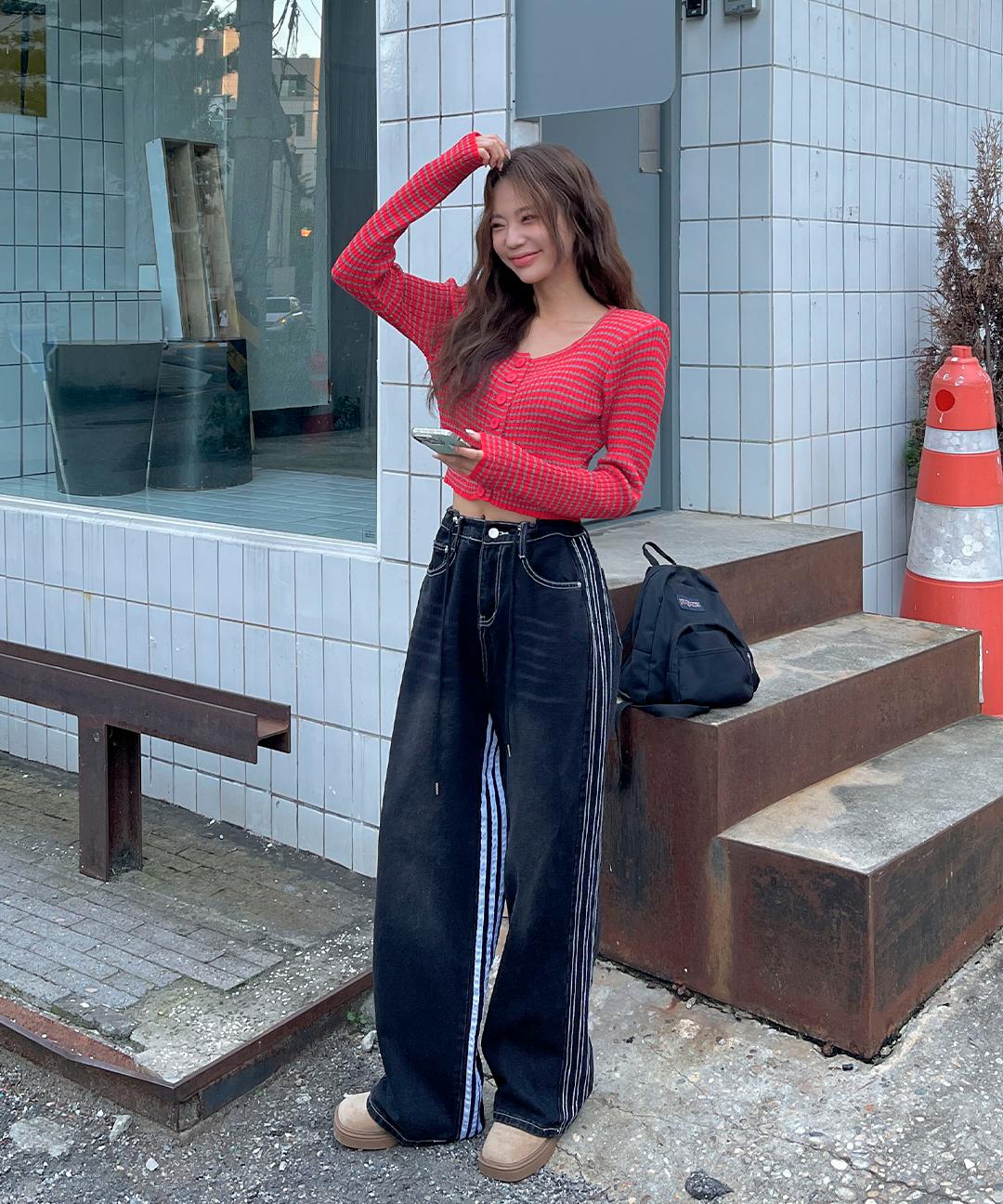 밍피스 트리플 라인 배색 롱 와이드 스트링 데님 팬츠 흑청 진청