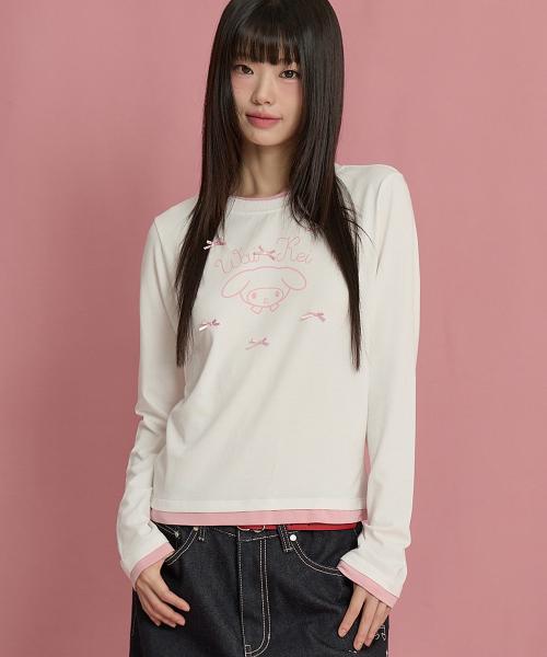 마이멜로디 리본 레이어드 롱슬리브 티셔츠 아이보리