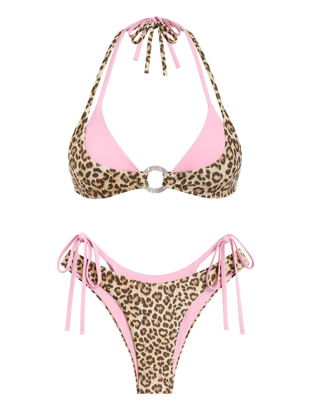 Seamolly Leopard Print Contrast Color O Ring Double Layer Bikini Set