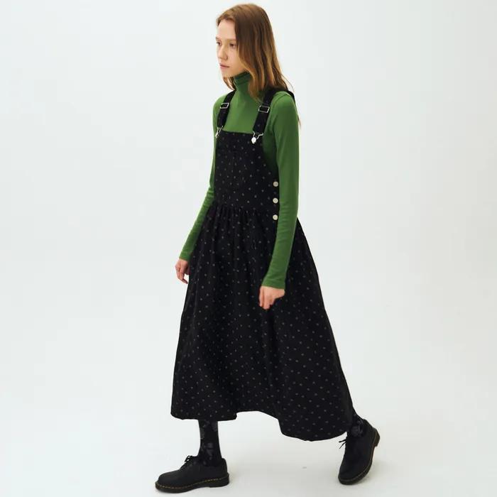 DOT PUFF CORDUROY OVERALL DRESS / BLACK