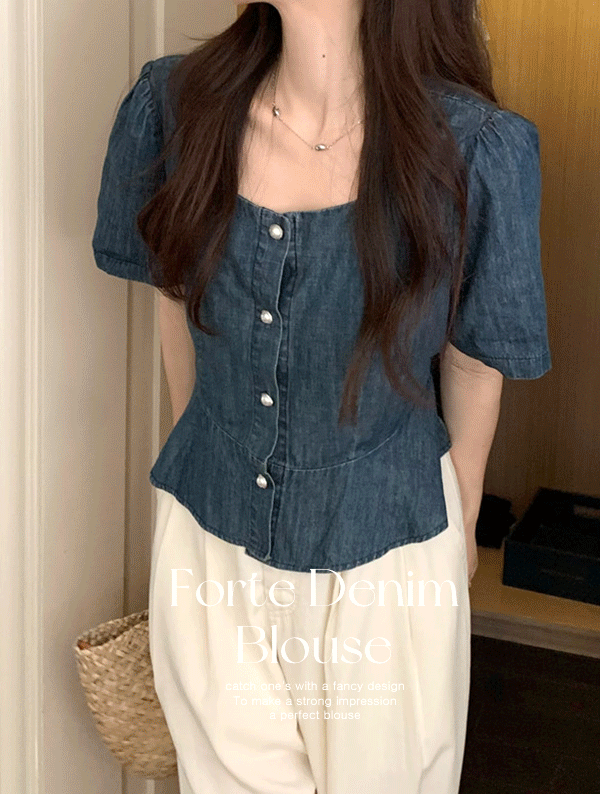 [하객룩💖] 포르테 데님 블라우스 BL6550봄 여름 반팔 스퀘어 프릴 러플 너플 셔링 기본 베이직 청 크롭 숏 데이트룩 벚꽃룩