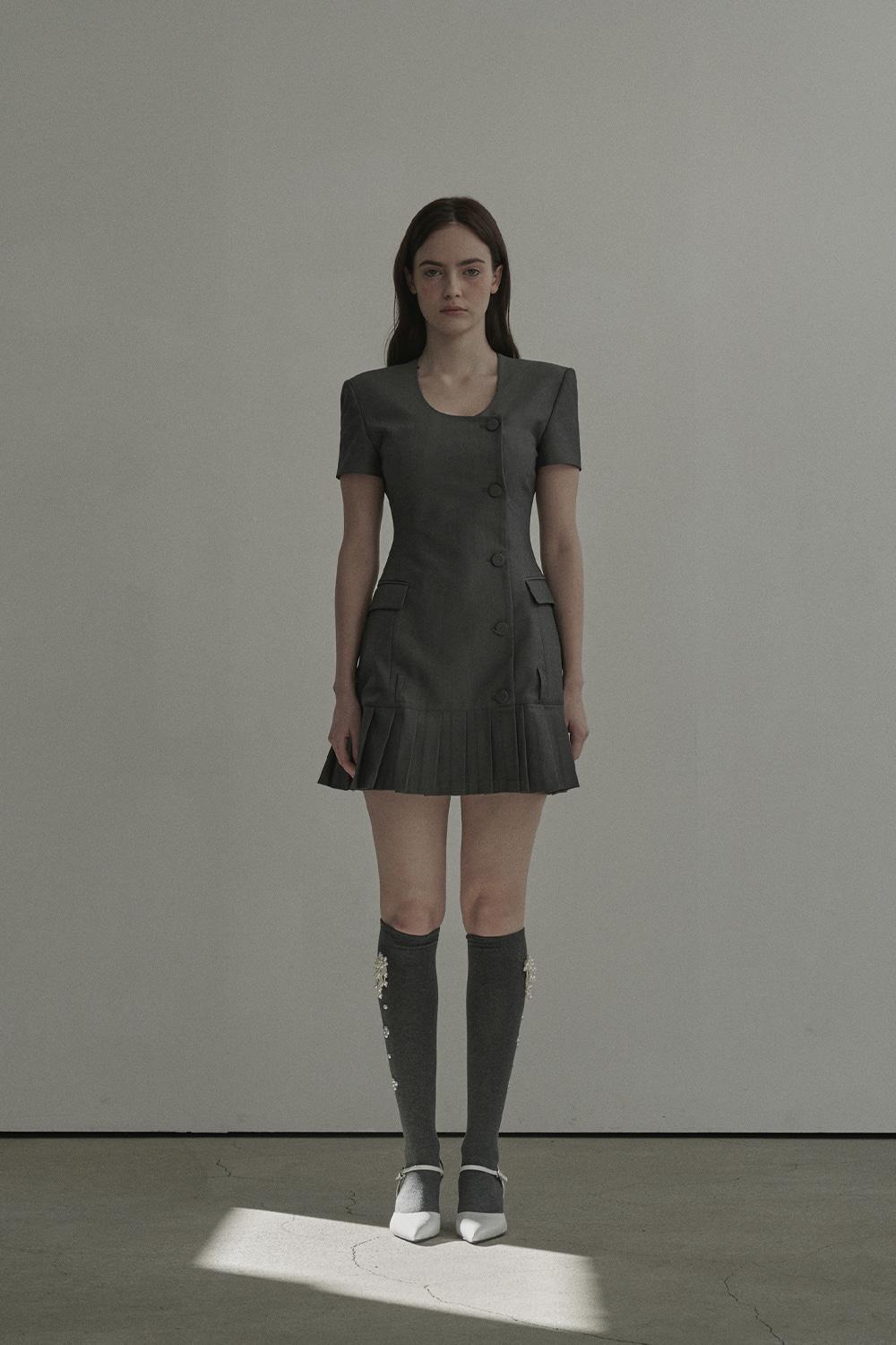 [3월 14일 예약발송] Jenn Round Neck Pleated Half Sleeve Suit Jacket Dress-Grey