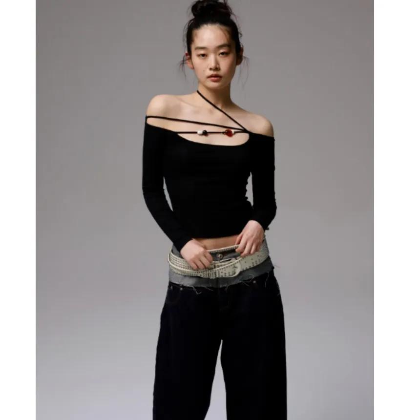 1JINN STUDIO 원진스튜디오 티셔츠 원숄더 비즈 스트랩 솔리드 컬러 긴팔 티셔츠