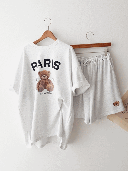 귀여워! 곰돌이 베어 프린트 빅사이즈 옆트임 반팔 롱 티셔츠 밴딩 반바지 투피스 썸머 홈웨어 트레이닝복 여름휴가 바캉스 추리닝 세트