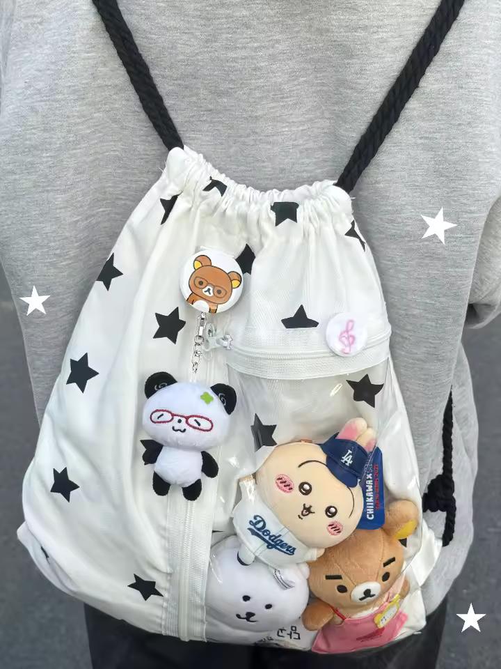 오리지널 화이트 스타 프린트 드로우 스트링 백 청소년 캐주얼웨어를위한 다목적 대용량 배낭 접이식 소프트 숄더 백