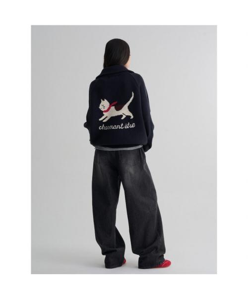 동물 그래픽 집업 카디건  네이비