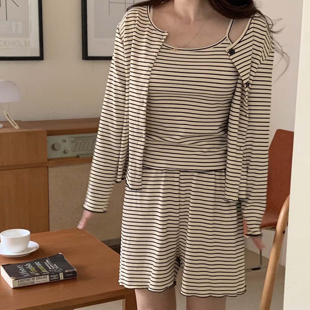 캡내장 줄리 스트라이프 3피스 긴팔 반바지 잠옷 슬립 나시 파자마 홈웨어 세트