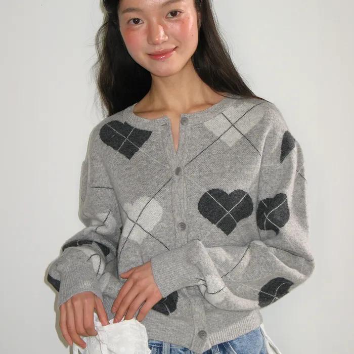 HEART ARGYLE BASIC KNIT CARDIGAN GREY
