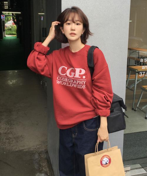 스퀘어 로고 맨투맨_다크 레드