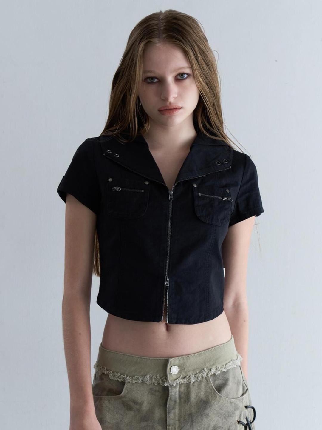 SHORT SLEEVE ZIP-UP SHIRT [BLACK]