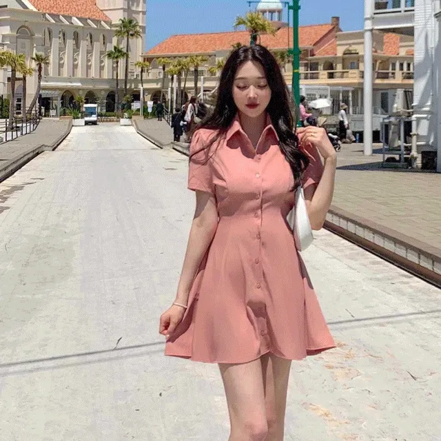 [5천돌파🔥반팔VER] MADE💖 촤르르 하늘하늘 카라 단추 코튼 A라인 반팔 미니 셔츠 원피스 자체제작 허리끈 여름원피스 휴양지 데이트룩 하객룩 6color