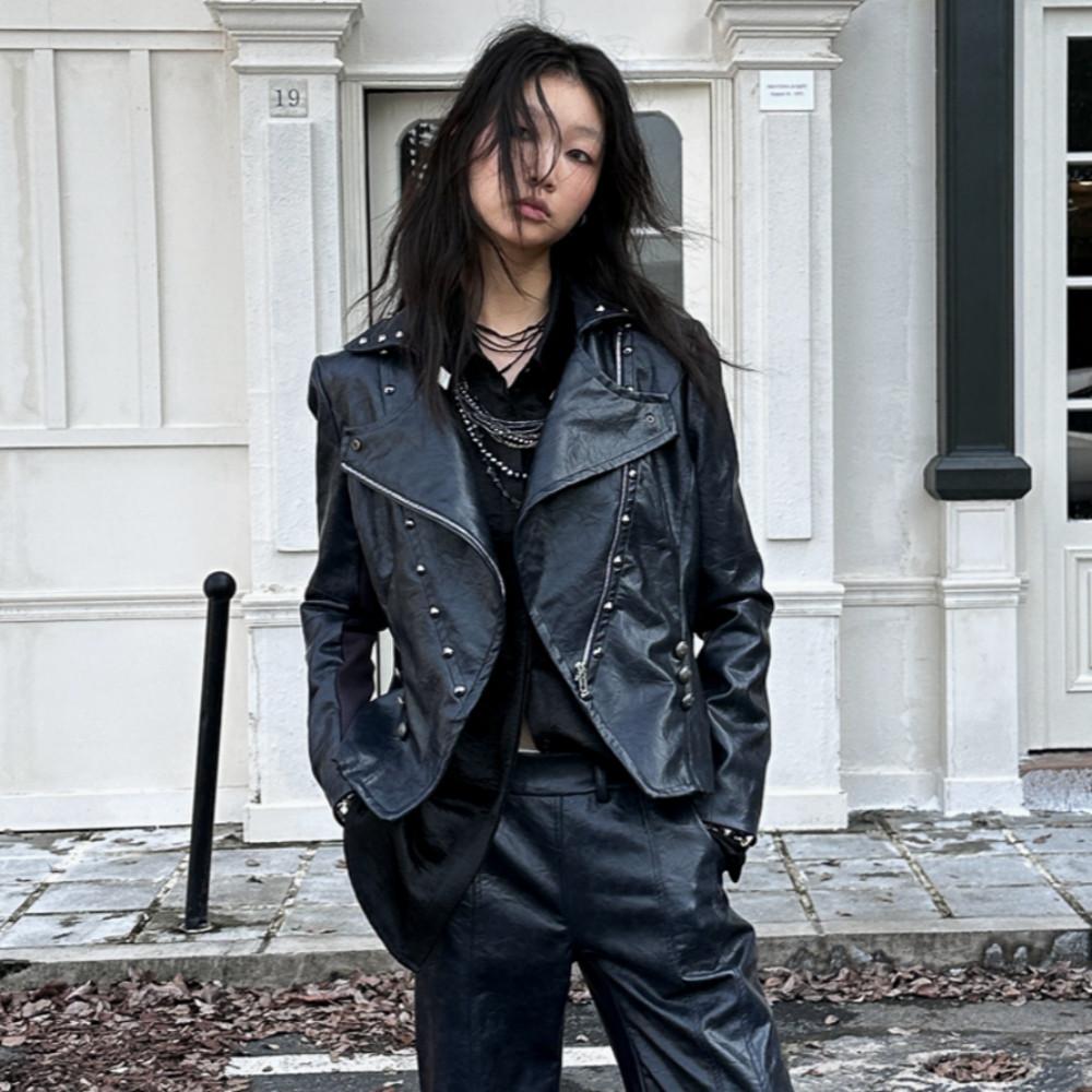 FULLTIDE 자켓 펑크 리벳 스티치 가죽 자켓 PU 레더자켓