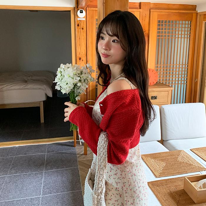 [자체제작] 꽃 단추 크롭 가디건