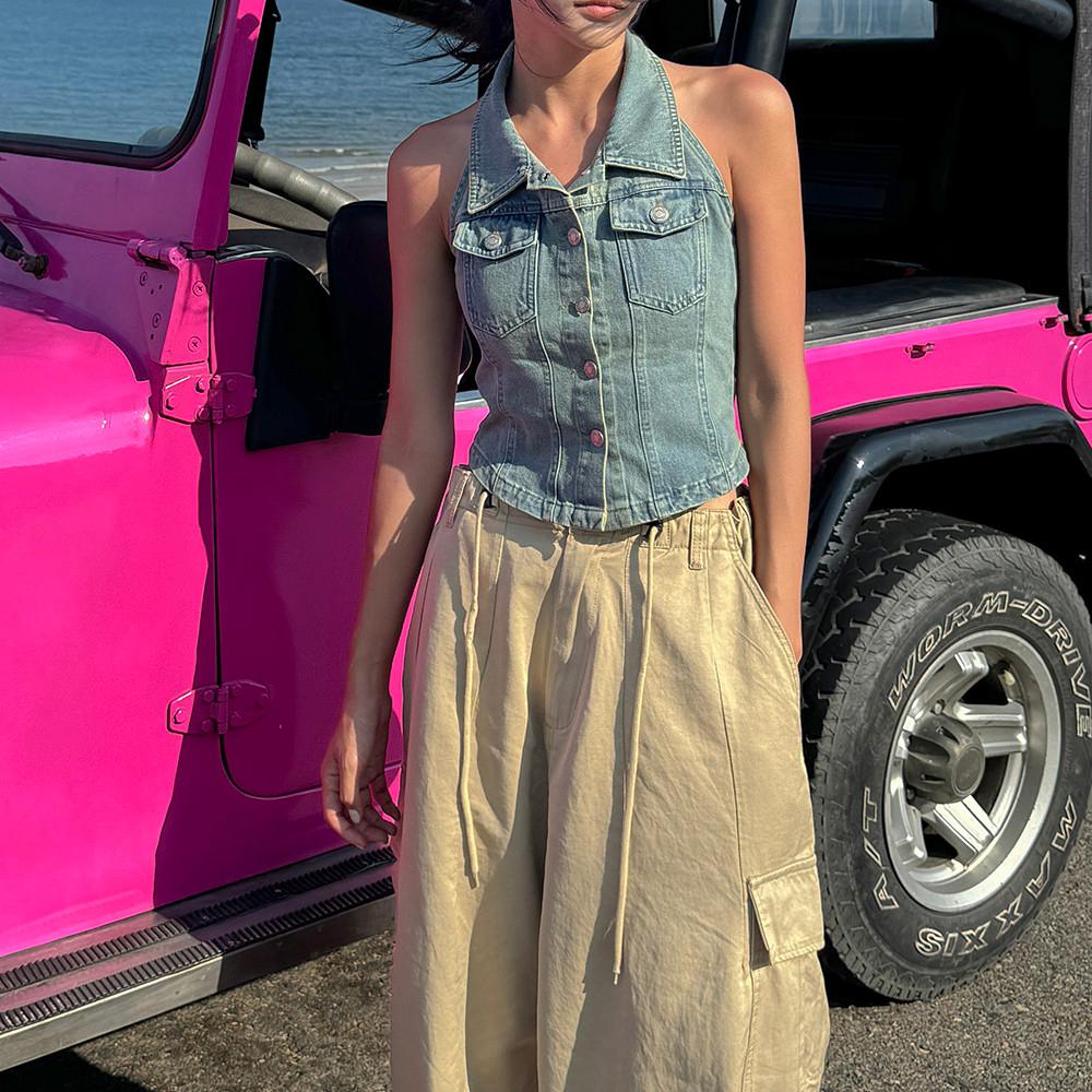 뉴빈 홀터넥 카라 크롭 아일렛 빈티지 백리스 민소매 데님탑