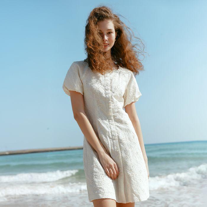 ALENA embroidery puff sleeve dress_IVORY