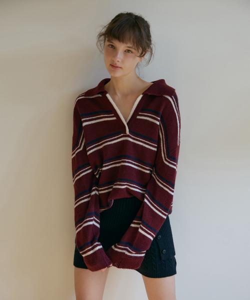 모헤어 스트라이프 카라 풀오버-와인