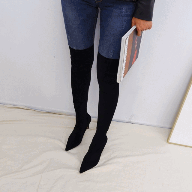 레깅스핏 스판 스웨이드 싸이하이 롱부츠힐 9cm