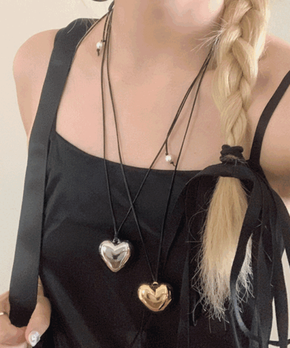 [당일출고] 라무드 통통 볼륨 빅 하트 초커 연출 리본 하트 스트링 레더 가죽 끈 롱 목걸이