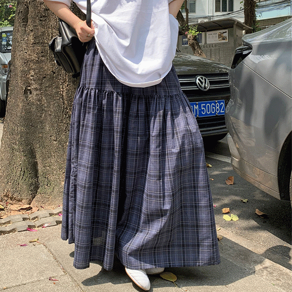 완츄 [유니크/캐주얼] 줄라이 체크 패턴 롱스커트
