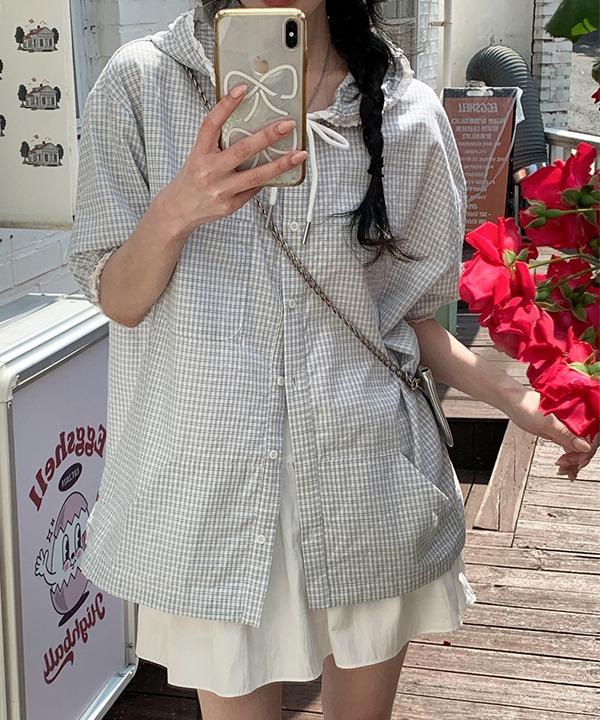 쇼퍼랜드 [여름][장마룩] 썸머 빈티지 체크 후드 블라우스 반팔 셔츠