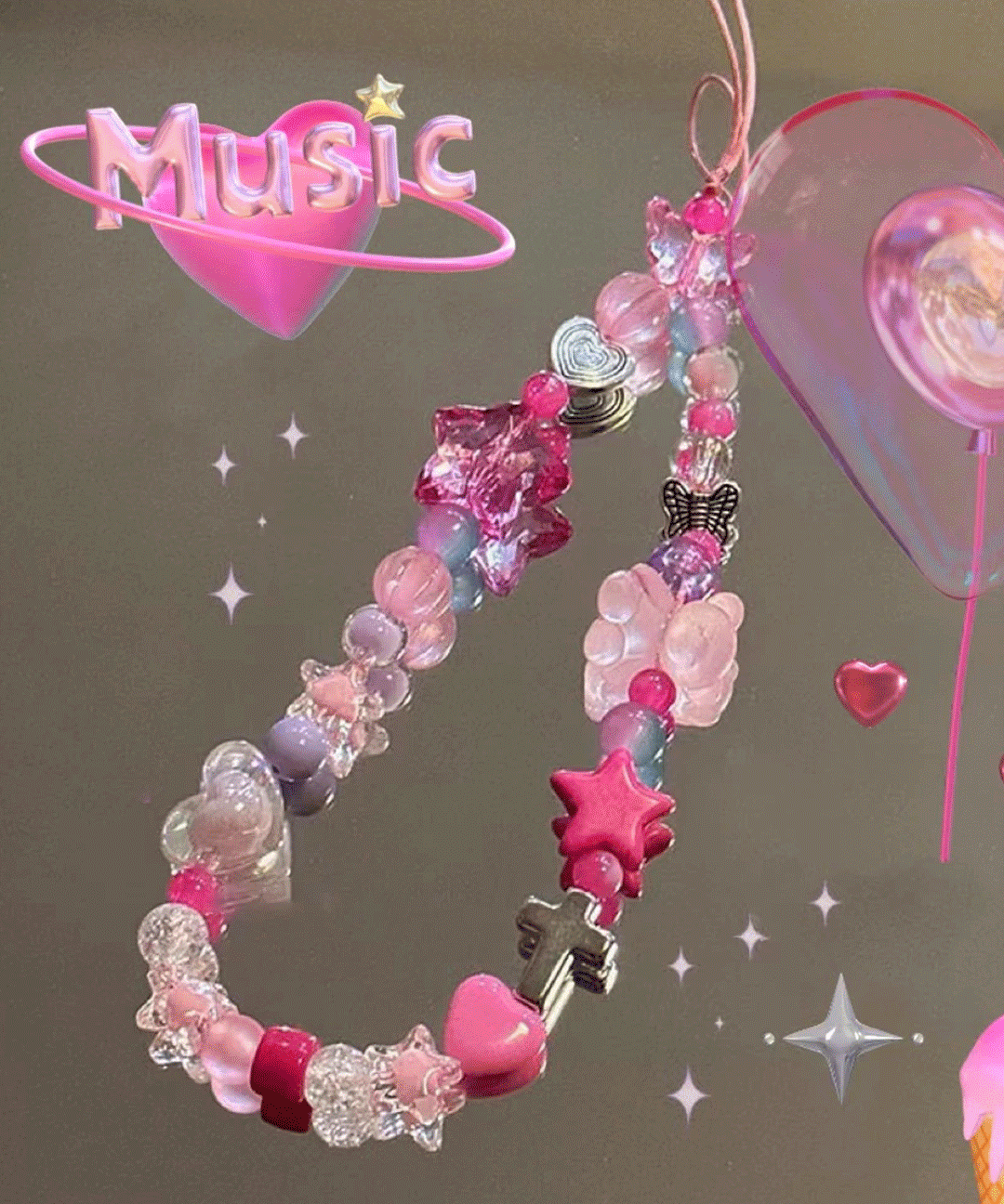 Y2K 키치 바비 핑크 비즈 토끼 스트랩 핸드폰 폰스트랩