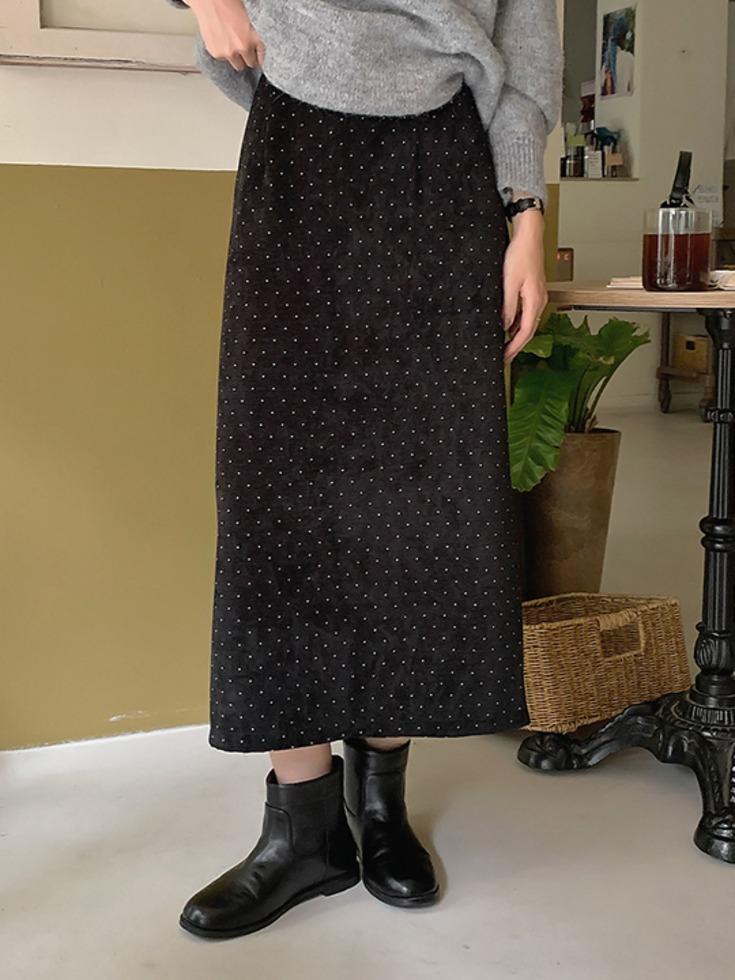 리리앤코 [무료배송] [포근기모/이지데일리룩] [25-38] 도트니빗 뒷밴딩 피치기모 도트 롱 스커트( 가을-겨울-신상-데일리룩-데이트룩-출근룩-오피스룩-빅사이즈-120사이즈-자체제작-신축성-겨울코디-가을코디-빈티지-트임-H라인 )