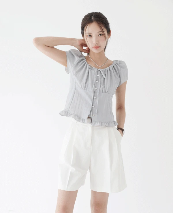 이든 넥스트링 자개버튼 반팔 블라우스 (2color)