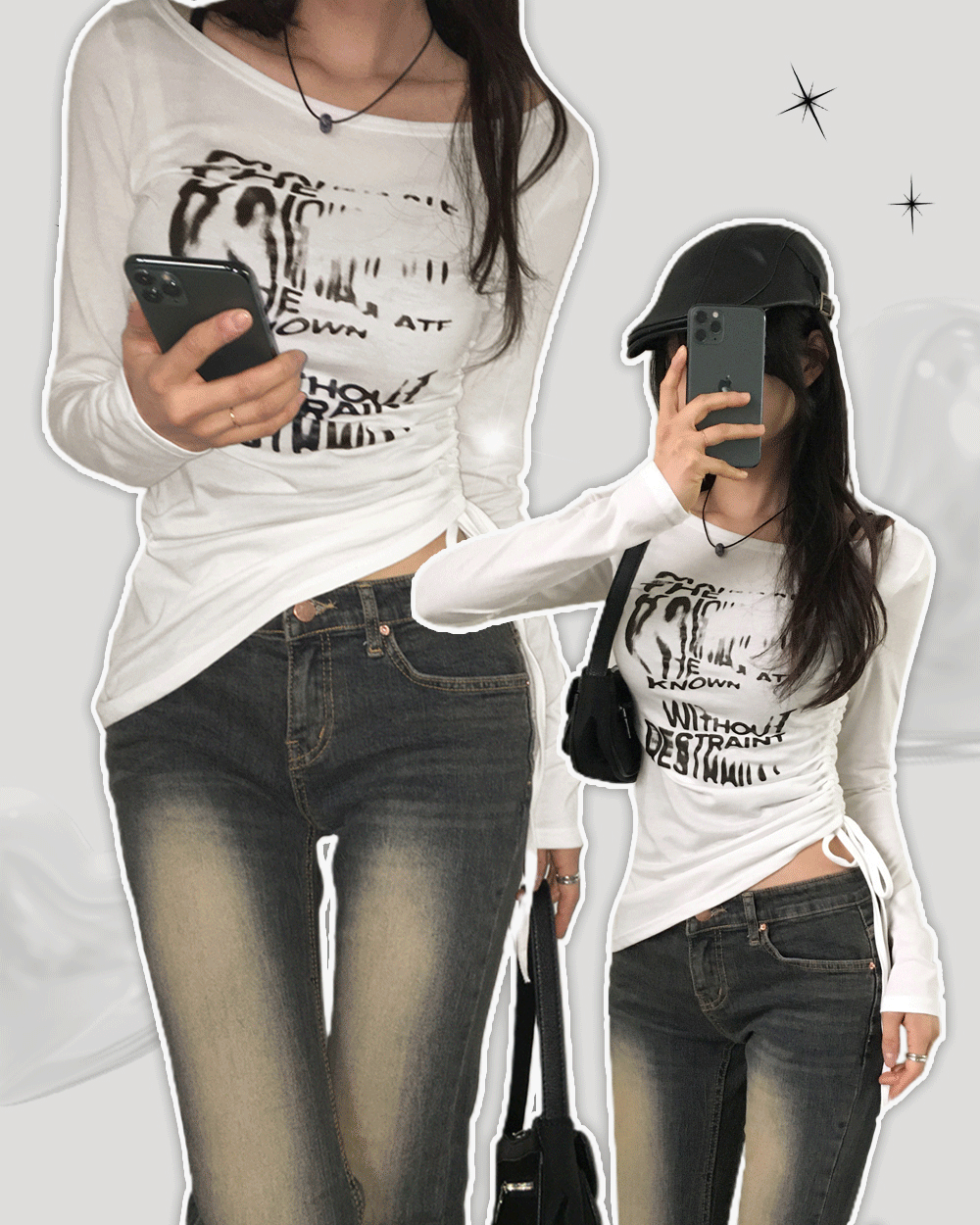 온디드 너프 레터링 사선 셔링 끈 입술넥 긴팔 티셔츠