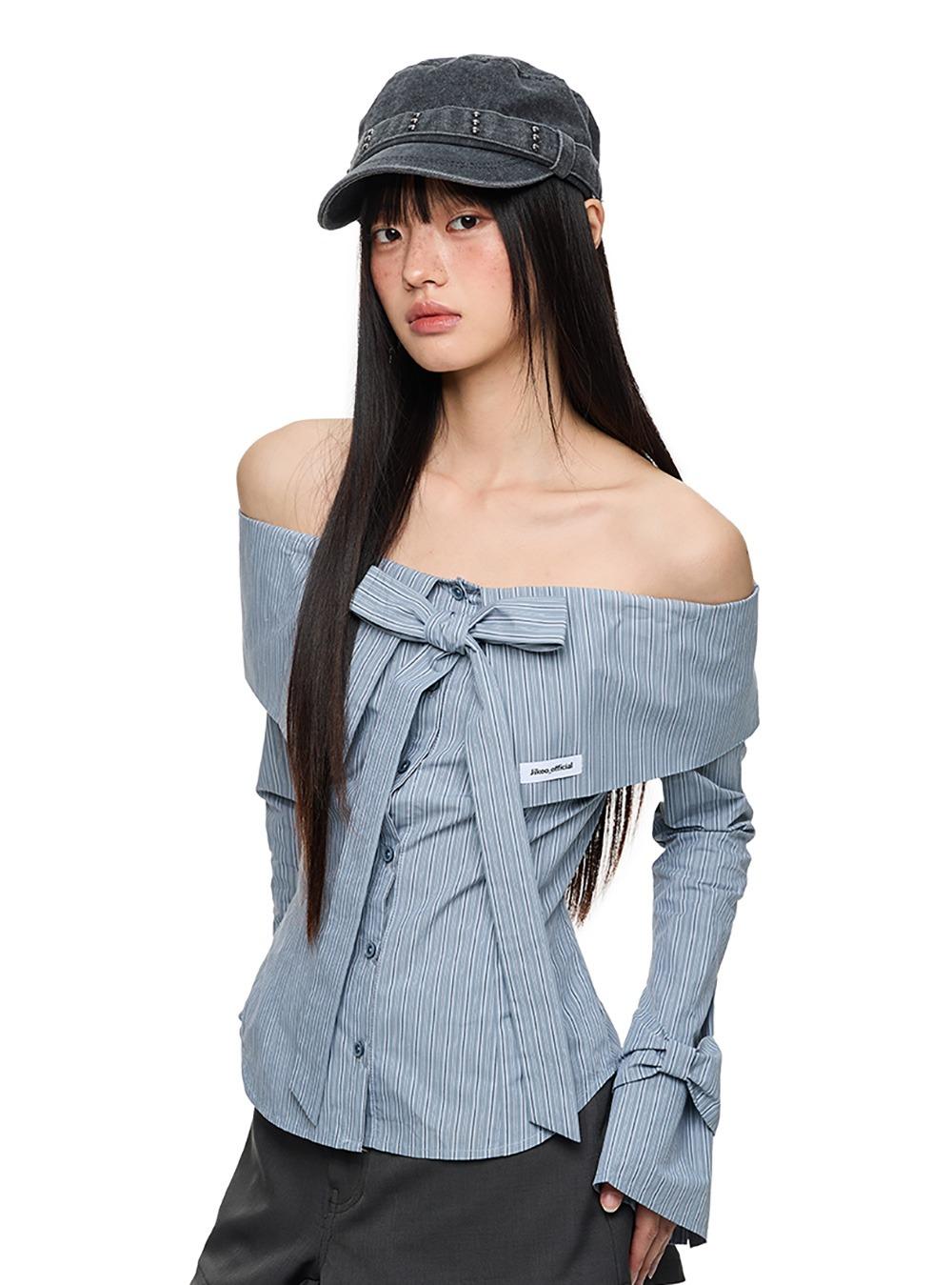 Ribbon Detail Striped Off-Shoulder Shirt