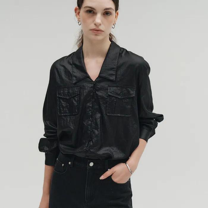 [7th REORDER] POCKET BUTTON GLOSSY SHIRTS [BLACK]