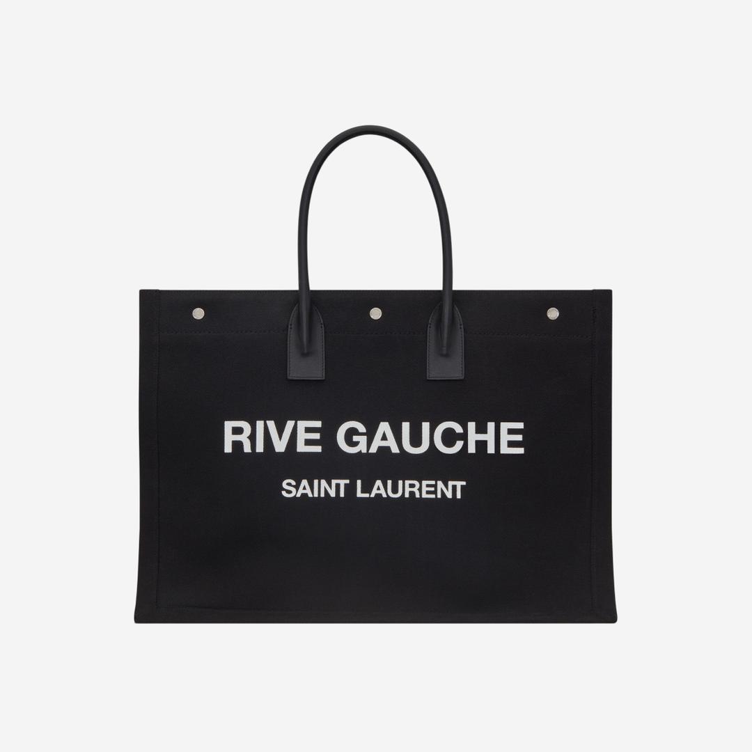 Saint Laurent Rive Gauche Large Tote Bag In Printed Canvas And Leather Noir Et Blanc
