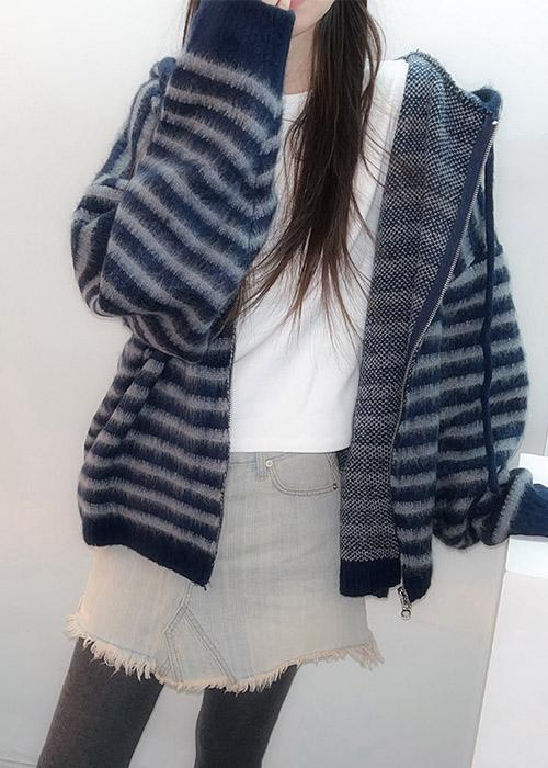 모헤어 스트라이프 니트 집업 (3C)