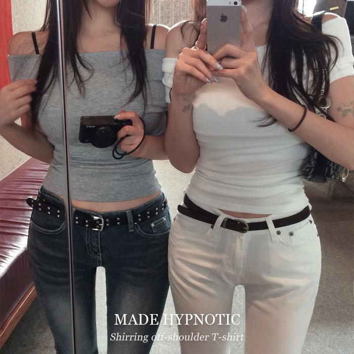 [MADE:자체제작]여리 셔링 오프숄더 티셔츠