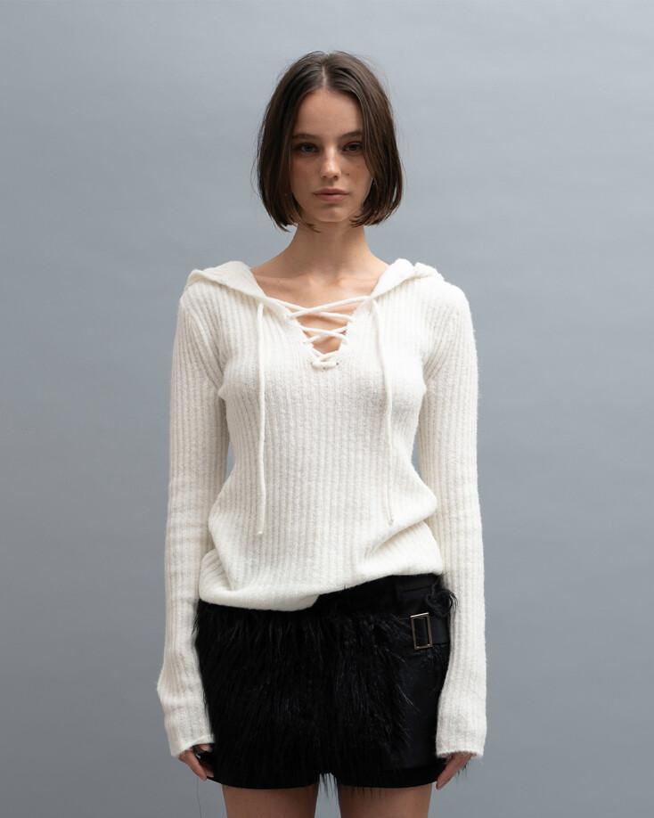 RIBBED EYELET HOODED KNIT, IVORY