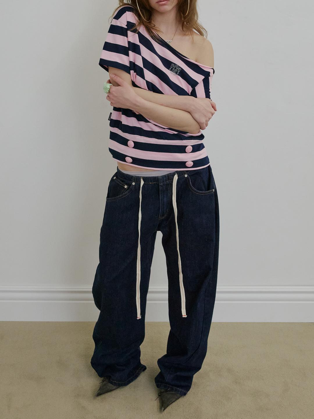 Button Stripe Tee Pink