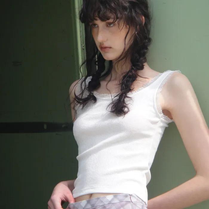 Lace Ribbed Sleeveless Top, White