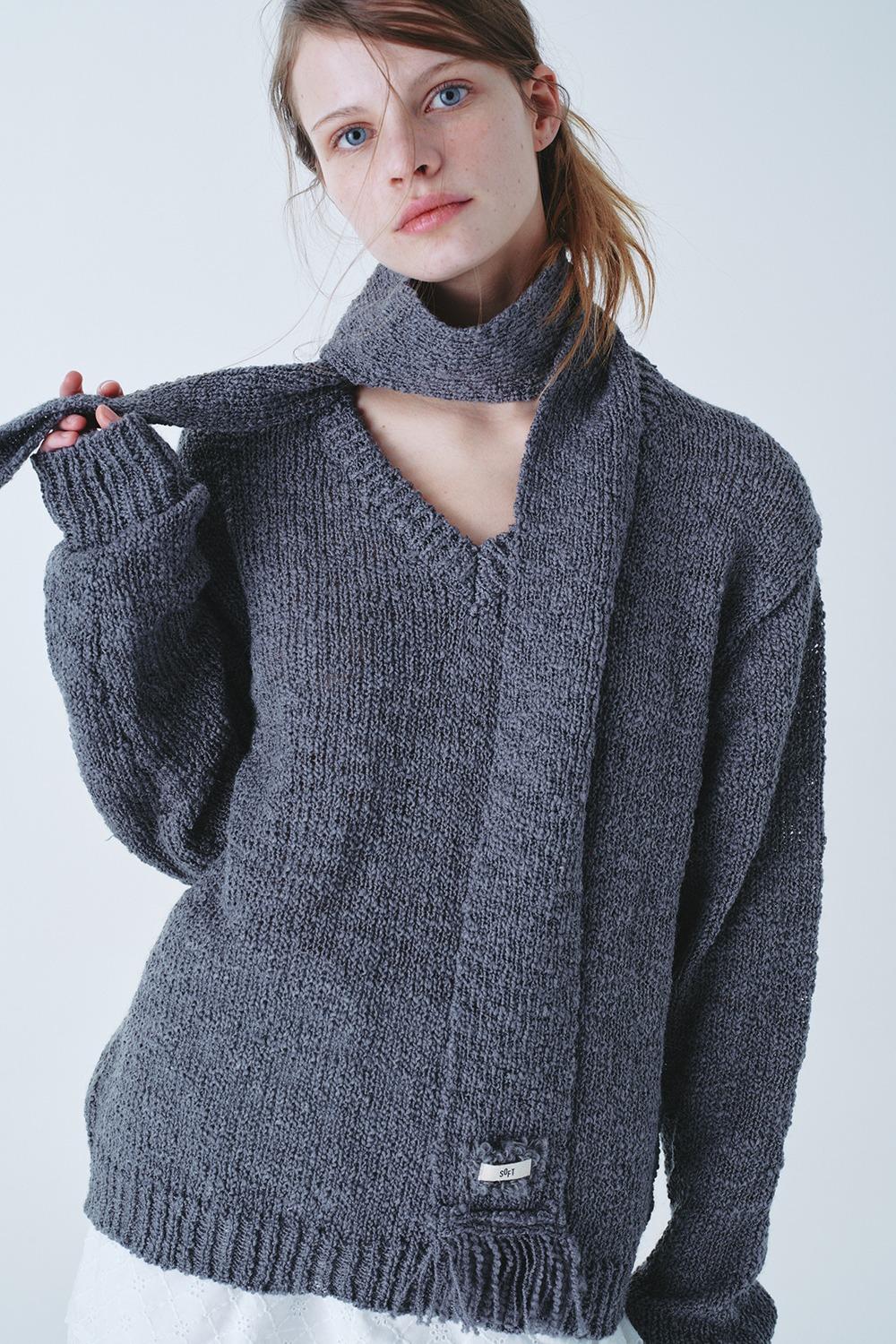 LOOSE V NECK KNIT&MUFFLER SET_CHARCOAL