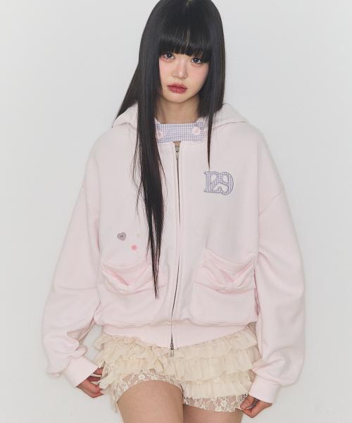 체커 보우 포켓 후드 집업 베이비 핑크