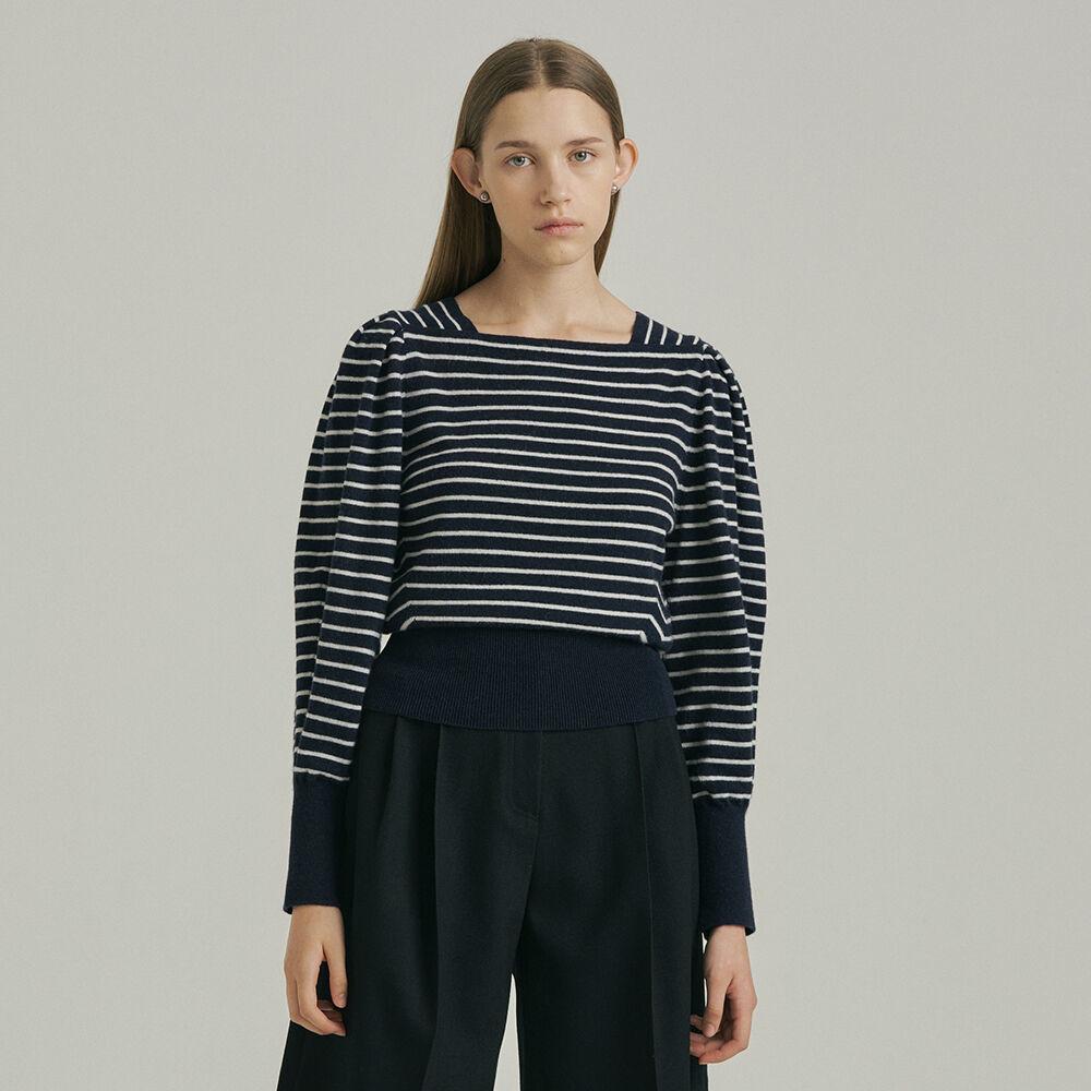 Square Neck Volume Knit_NAVY STRIPE