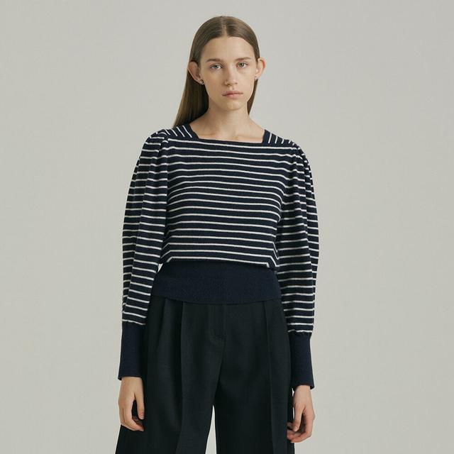 Square Neck Volume Knit_NAVY STRIPE