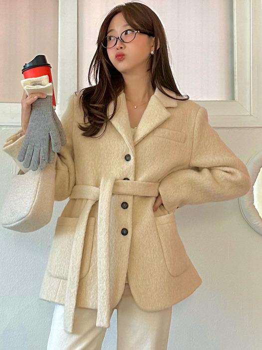 Hairy belt wool blended jacket_Butter