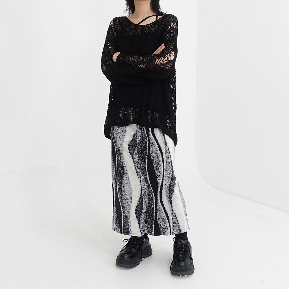 h라인 웨이브 물결 밴딩 플리츠 슬릿 롱스커트 (블랙 네이비)