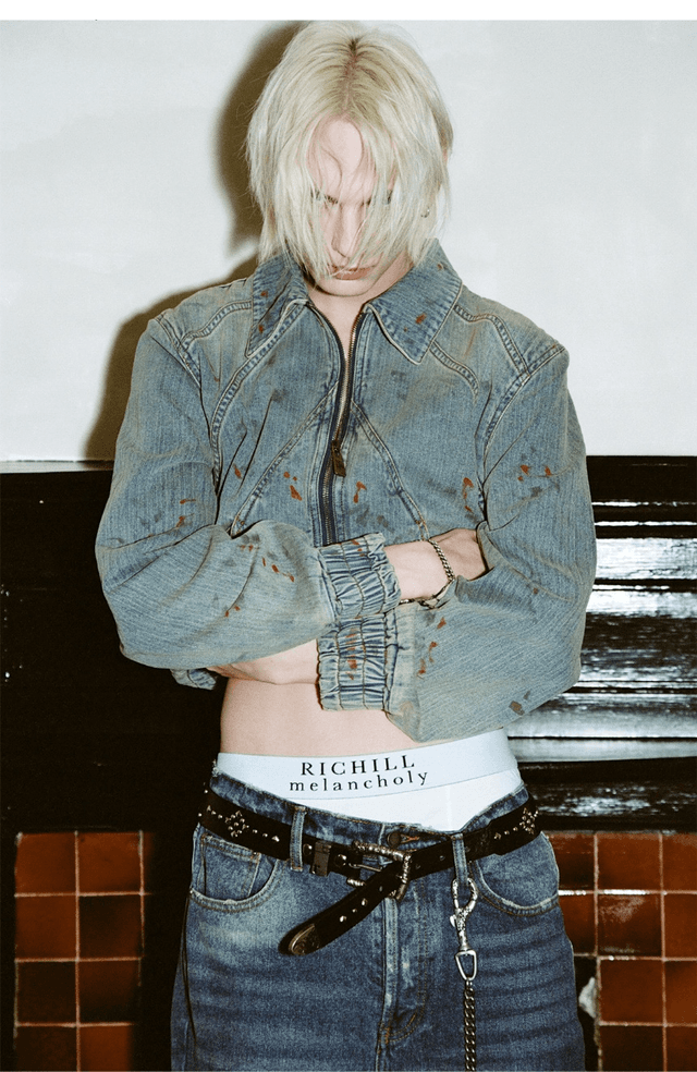 RICHILL MELANCHOLY Blood stained washed grain denim short jacket