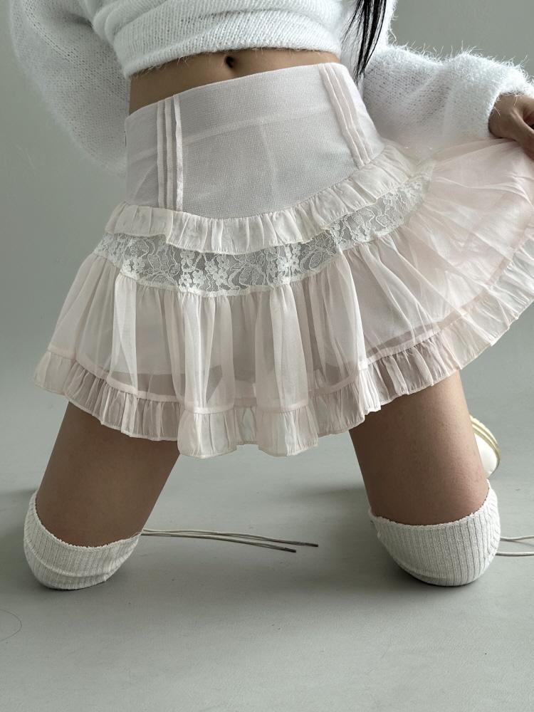 베베 핑크 레이스 미니 쉬폰 프릴 스커트