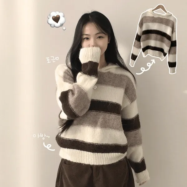 [폭닥폭닥🐻/귀여운아방핏] 몽글몽글~ 티라미수 울 모헤어 배색 단가라 루즈핏 후드 긴팔니트 (2color)