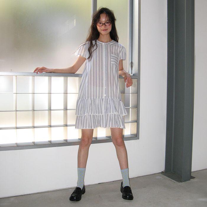 ROUND COLLAR FRILL KANGKANG SHIRT DRESS BLUE STRIPE