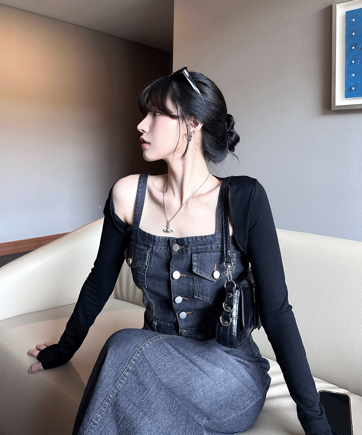 데님 스판 밴딩 포켓 롱 원피스 -2color