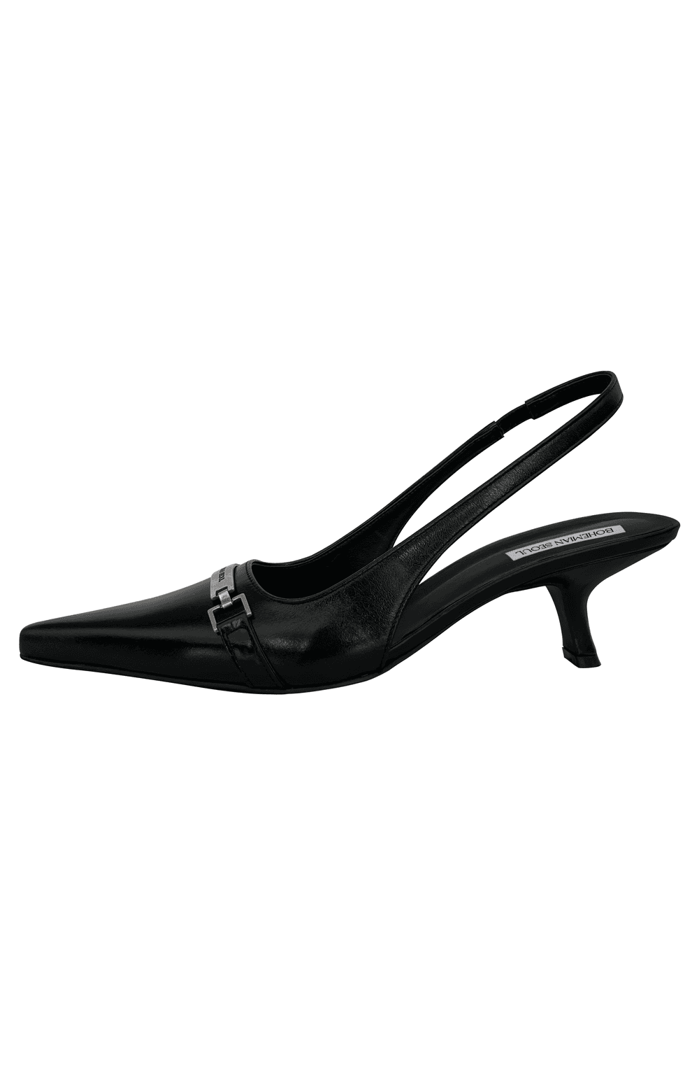 metal belted sling back in black
